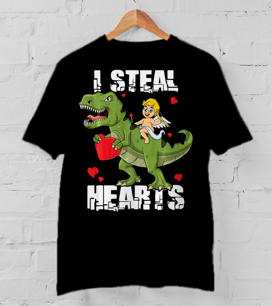 I Steal Hearts Dinosaur With Cupid And Valentines Hearts T-Shirt