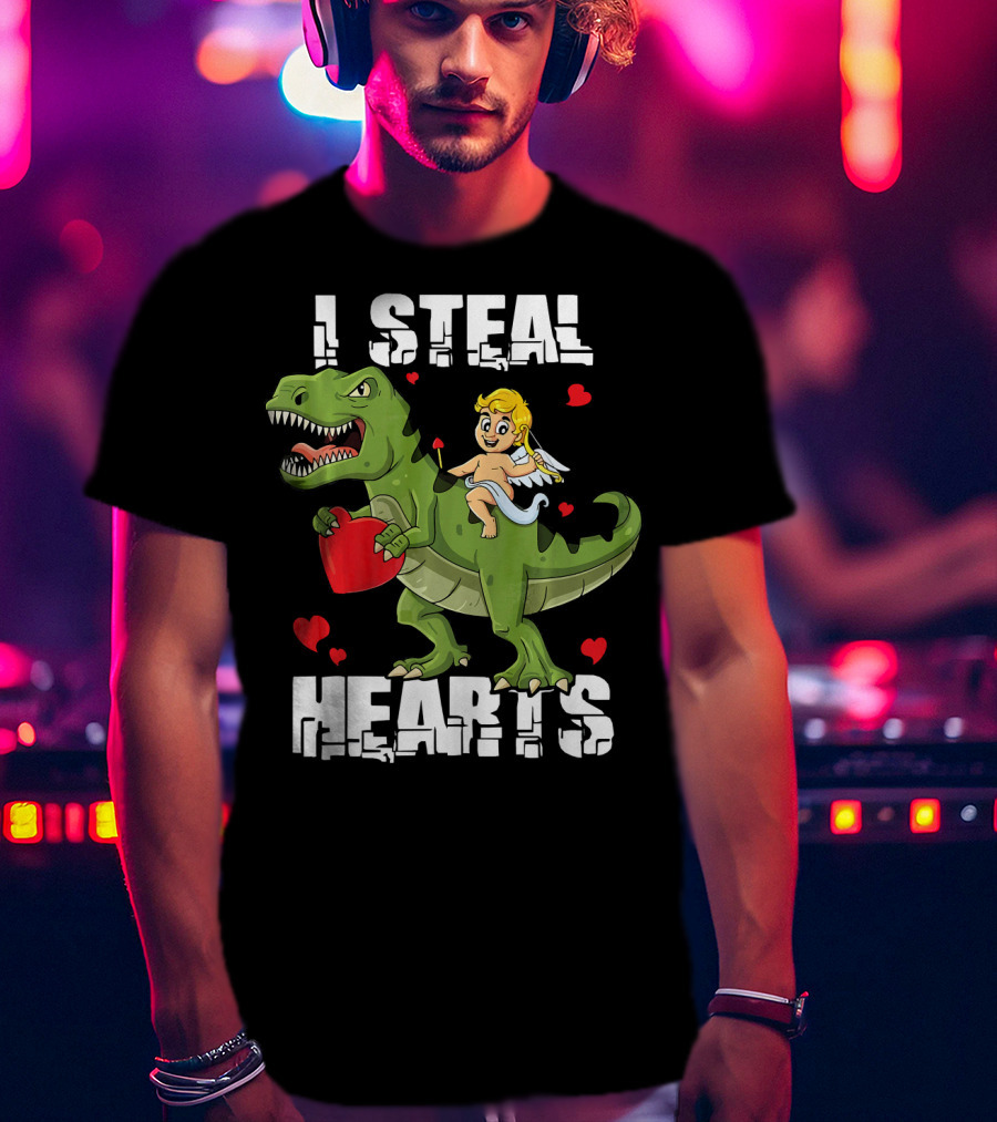 I Steal Hearts Dinosaur With Cupid And Valentines Hearts T-Shirt