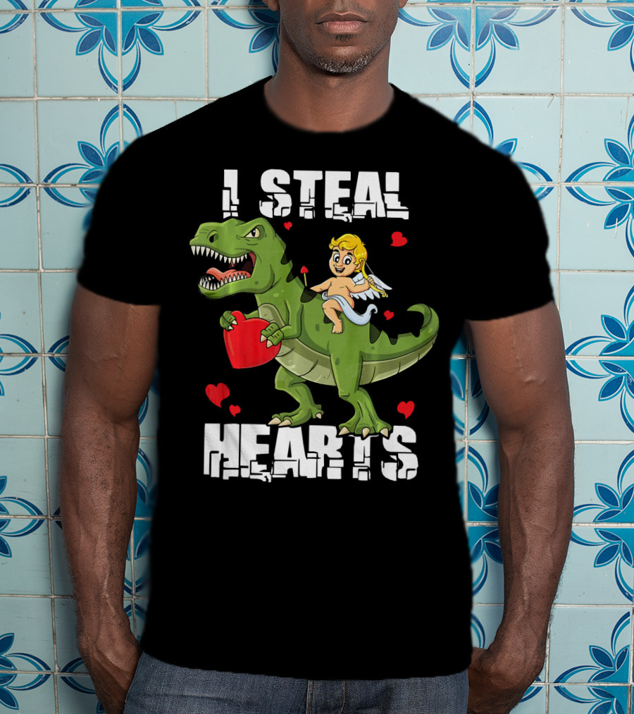 I Steal Hearts Dinosaur With Cupid And Valentines Hearts T-Shirt