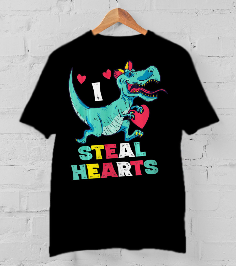 I Steal Hearts Valentine Dinosaur With Red Heart And Cute Hearts T-Shirt