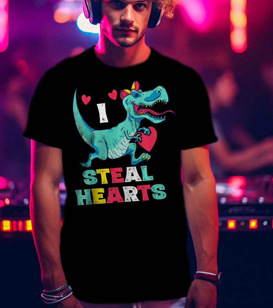 I Steal Hearts Valentine Dinosaur With Red Heart And Cute Hearts T-Shirt