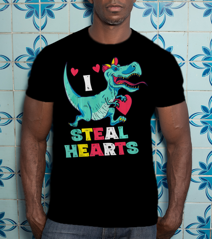 I Steal Hearts Valentine Dinosaur With Red Heart And Cute Hearts T-Shirt