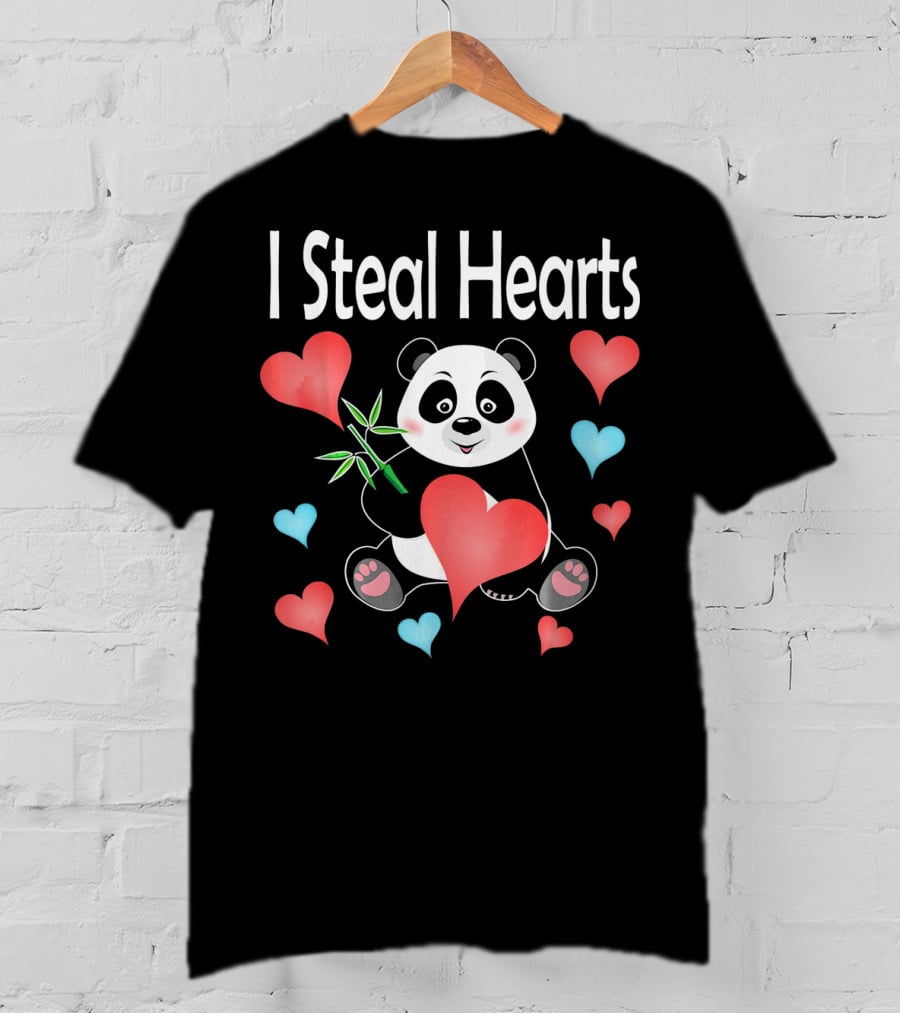 I Steal Hearts Valentines Day Panda Holding Heart And Bamboo T-Shirt