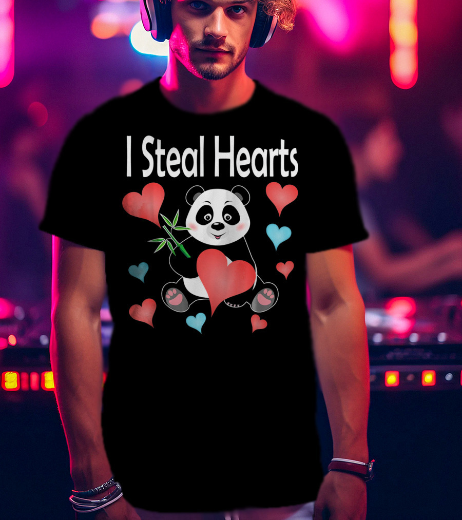 I Steal Hearts Valentines Day Panda Holding Heart And Bamboo T-Shirt