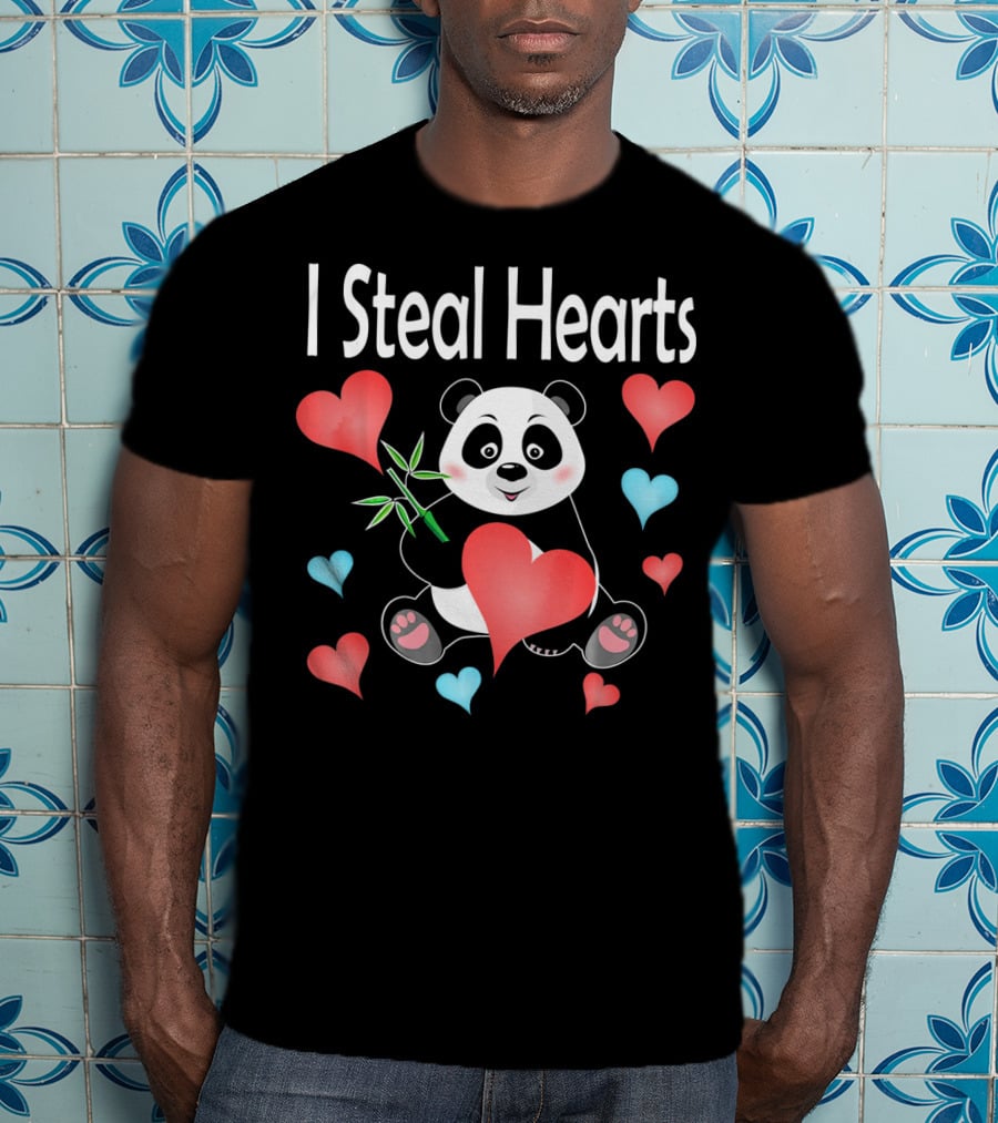 I Steal Hearts Valentines Day Panda Holding Heart And Bamboo T-Shirt