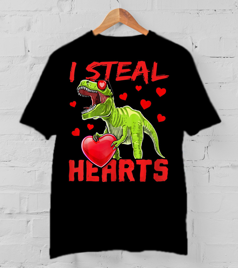 I Steal Hearts Valentines Day Rex Dino Holding Heart Surrounded By Hearts T-Shirt