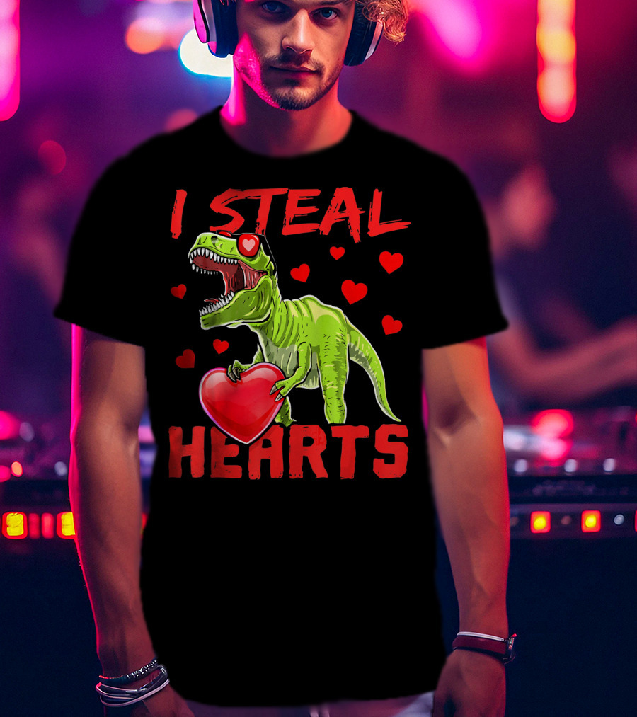 I Steal Hearts Valentines Day Rex Dino Holding Heart Surrounded By Hearts T-Shirt