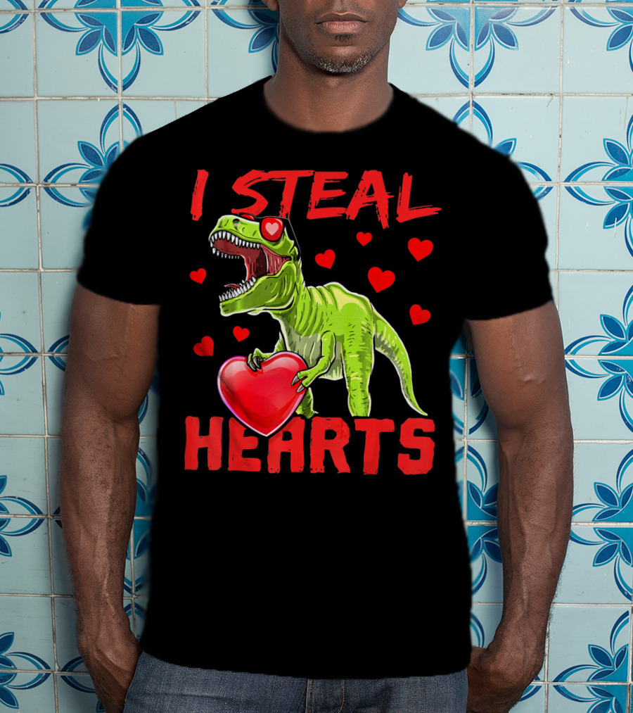 I Steal Hearts Valentines Day Rex Dino Holding Heart Surrounded By Hearts T-Shirt