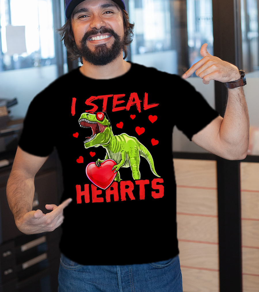 I Steal Hearts Valentines Day Rex Dino Holding Heart Surrounded By Hearts T-Shirt