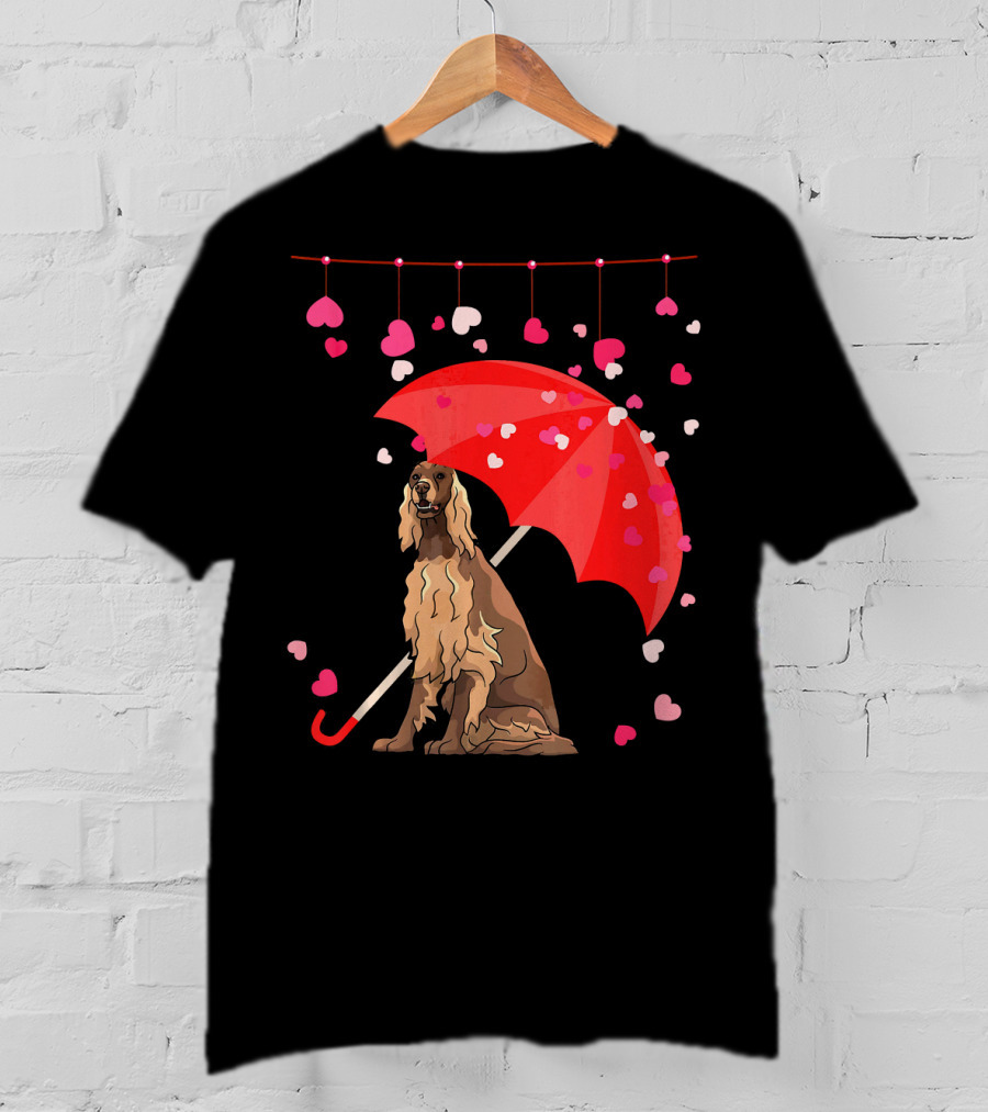Irish Setter With Red Umbrella And Falling Hearts Valentine T-Shirt