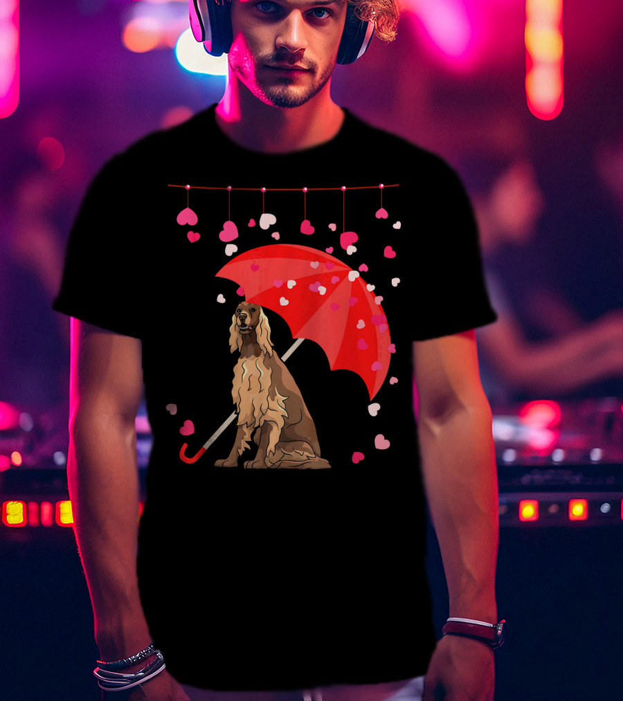Irish Setter With Red Umbrella And Falling Hearts Valentine T-Shirt