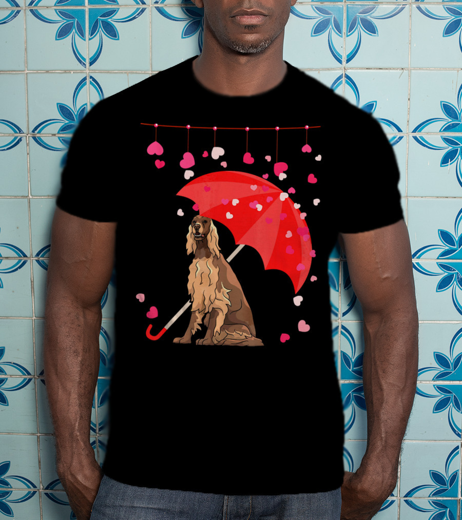 Irish Setter With Red Umbrella And Falling Hearts Valentine T-Shirt