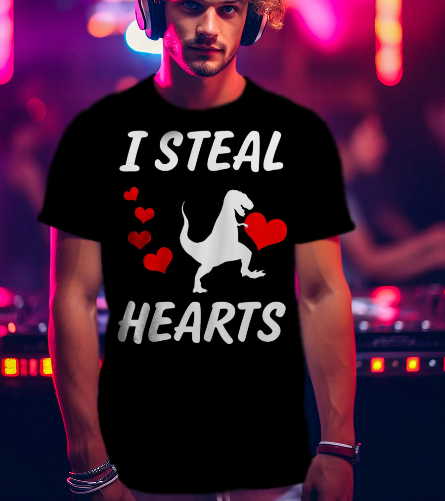 I Steal Hearts Funny Boys Dinosaur Valentine Kids T-Shirt