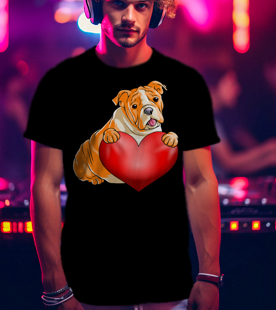 Kids Valentines Day Bulldog Heart Dog T-Shirt