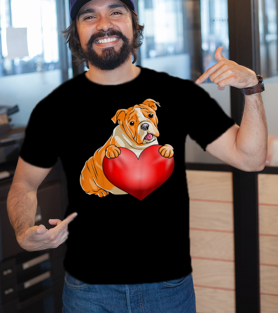 Kids Valentines Day Bulldog Heart Dog T-Shirt
