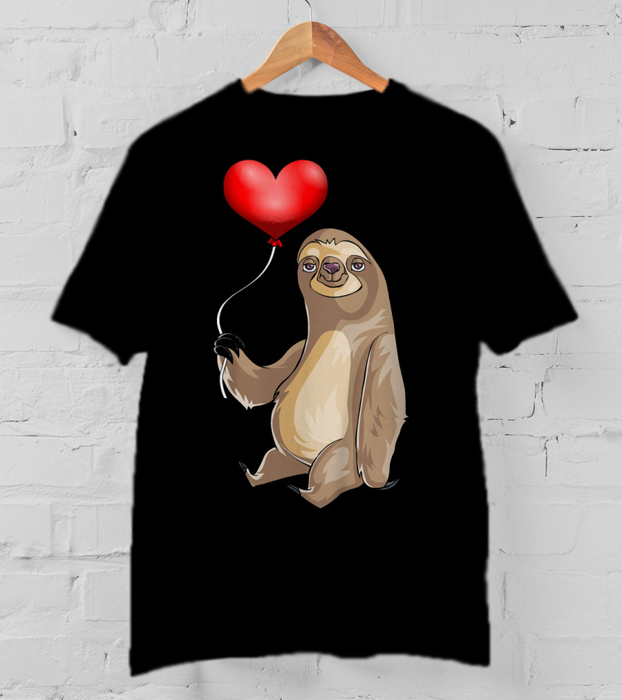 Kids Valentines Day Sloth Holding Heart Balloon T-Shirt