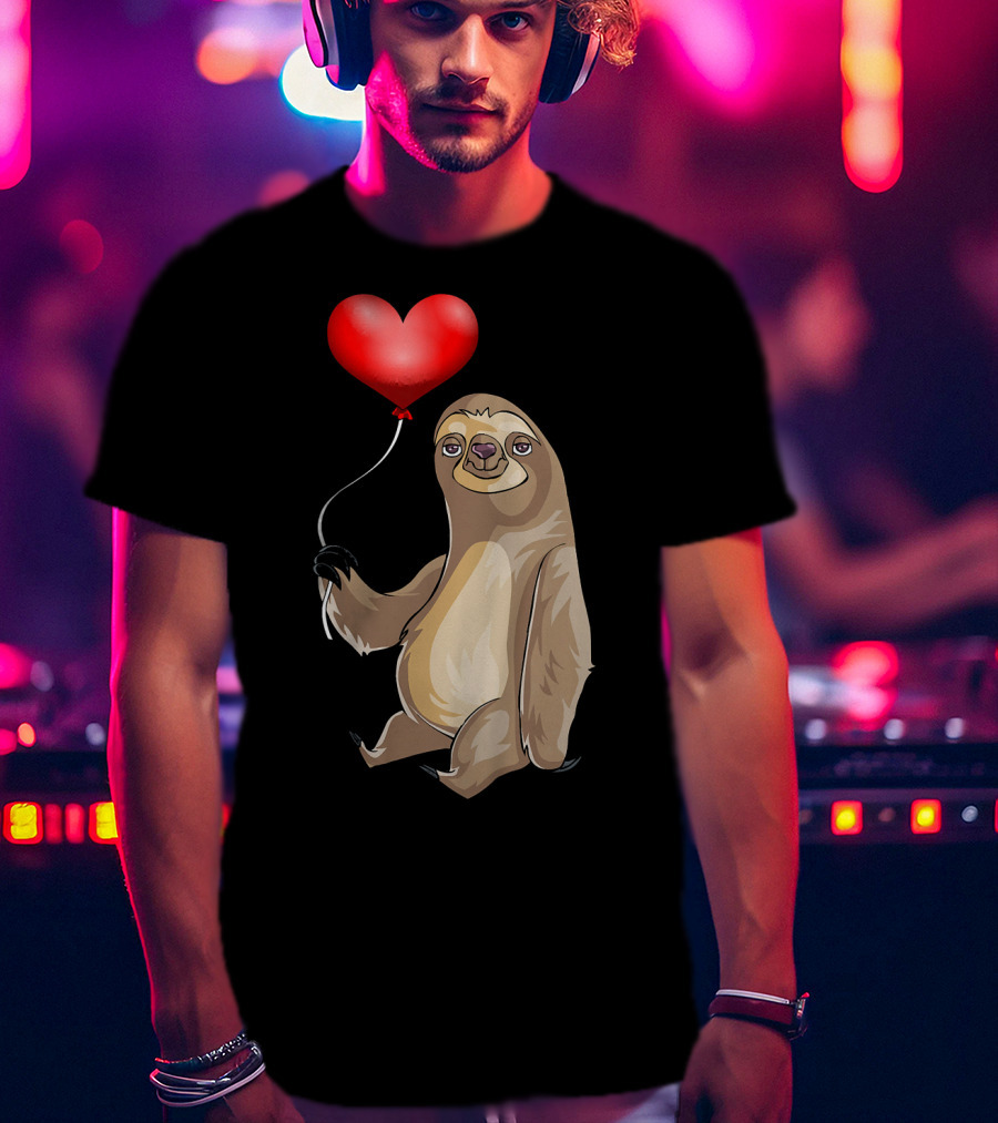 Kids Valentines Day Sloth Holding Heart Balloon T-Shirt