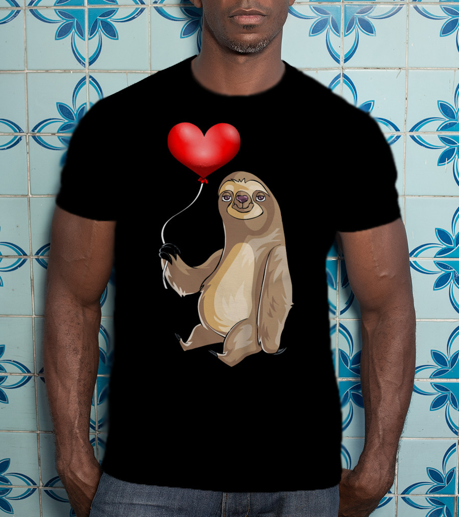 Kids Valentines Day Sloth Holding Heart Balloon T-Shirt