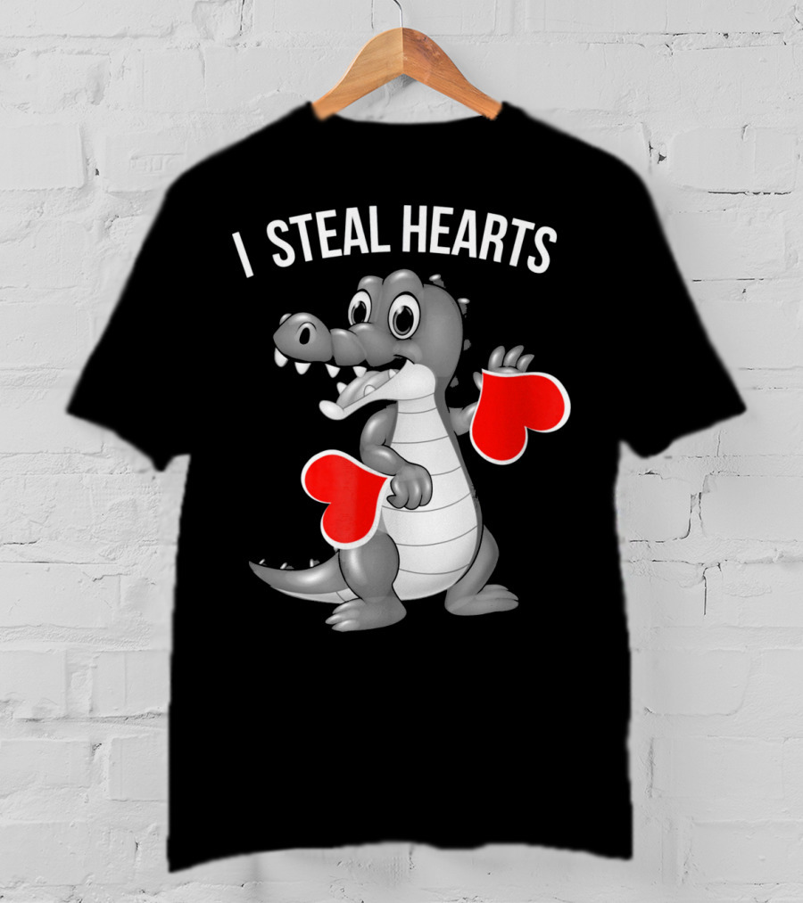 Kids Valentines Day I Steal Hearts Crocodile Holding Red Hearts T-Shirt