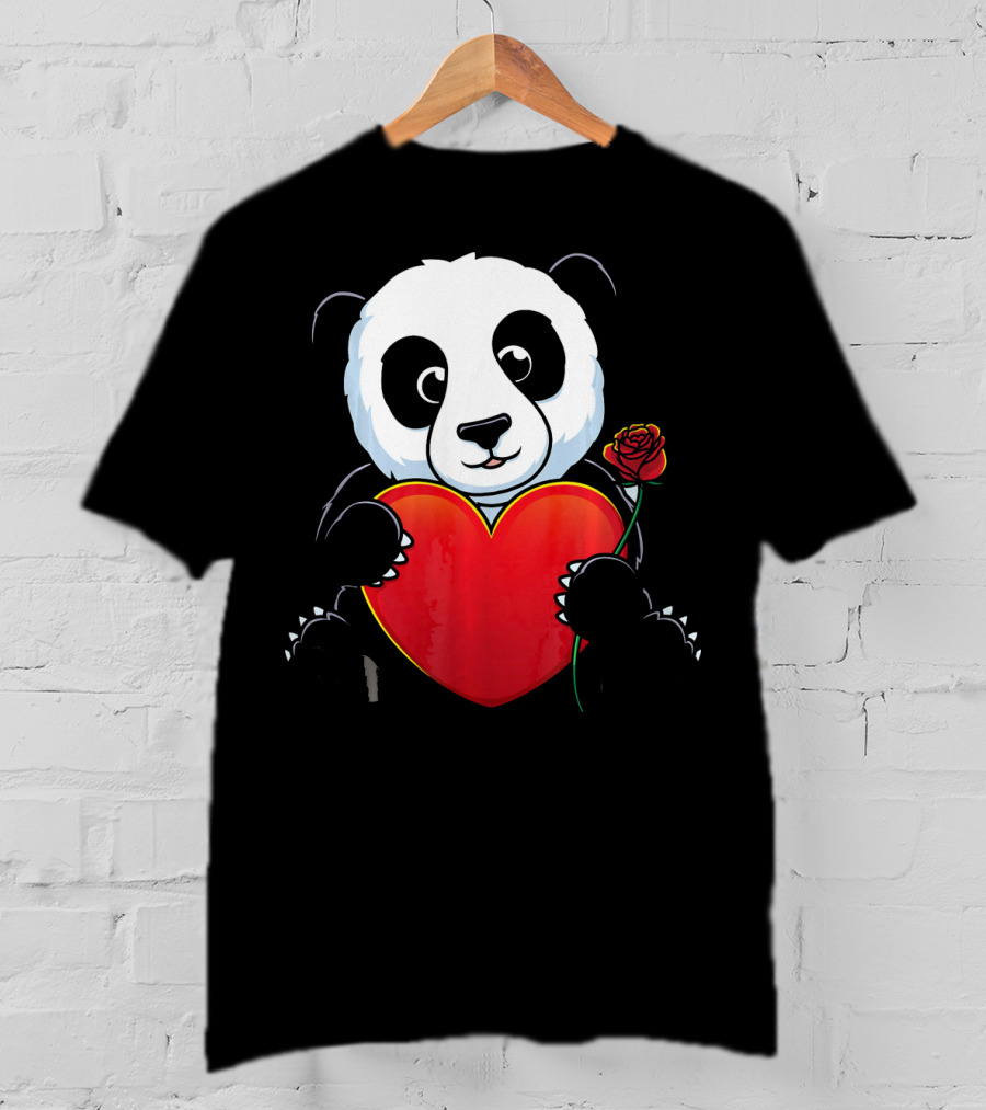 Panda Bear Holding Heart And Rose Valentines Day Love T-Shirt