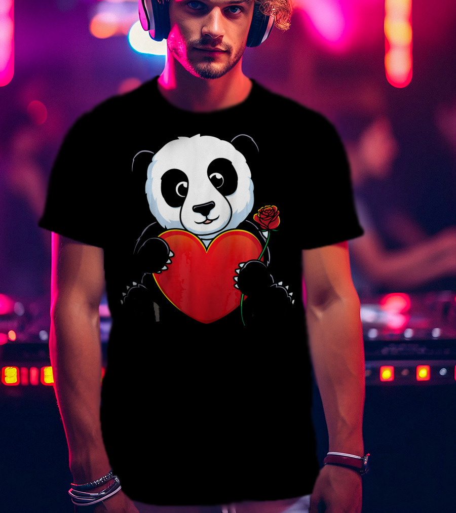 Panda Bear Holding Heart And Rose Valentines Day Love T-Shirt