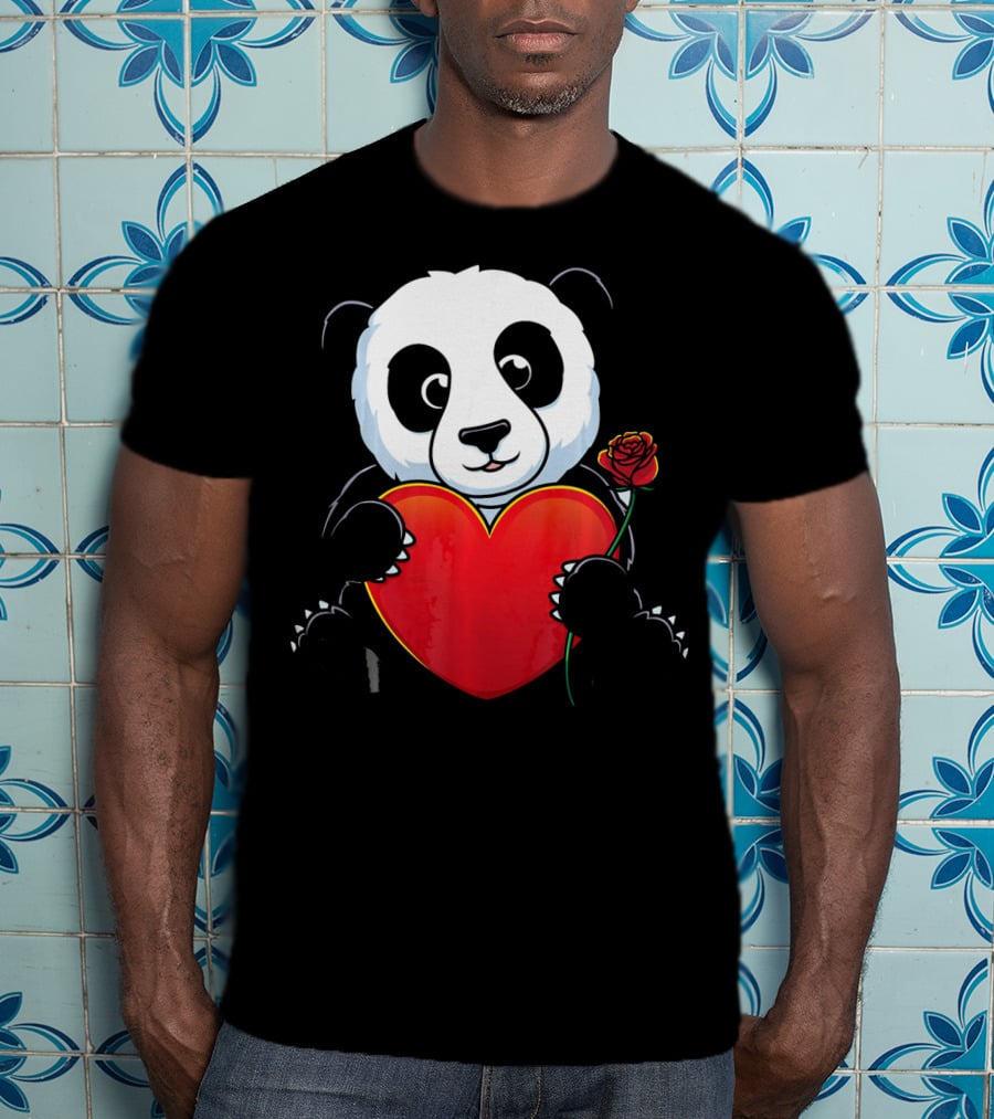 Panda Bear Holding Heart And Rose Valentines Day Love T-Shirt