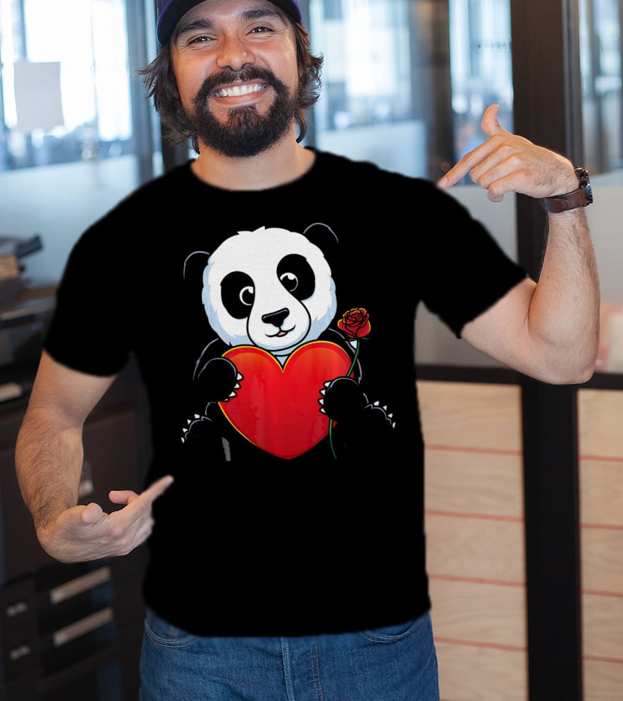 Panda Bear Holding Heart And Rose Valentines Day Love T-Shirt