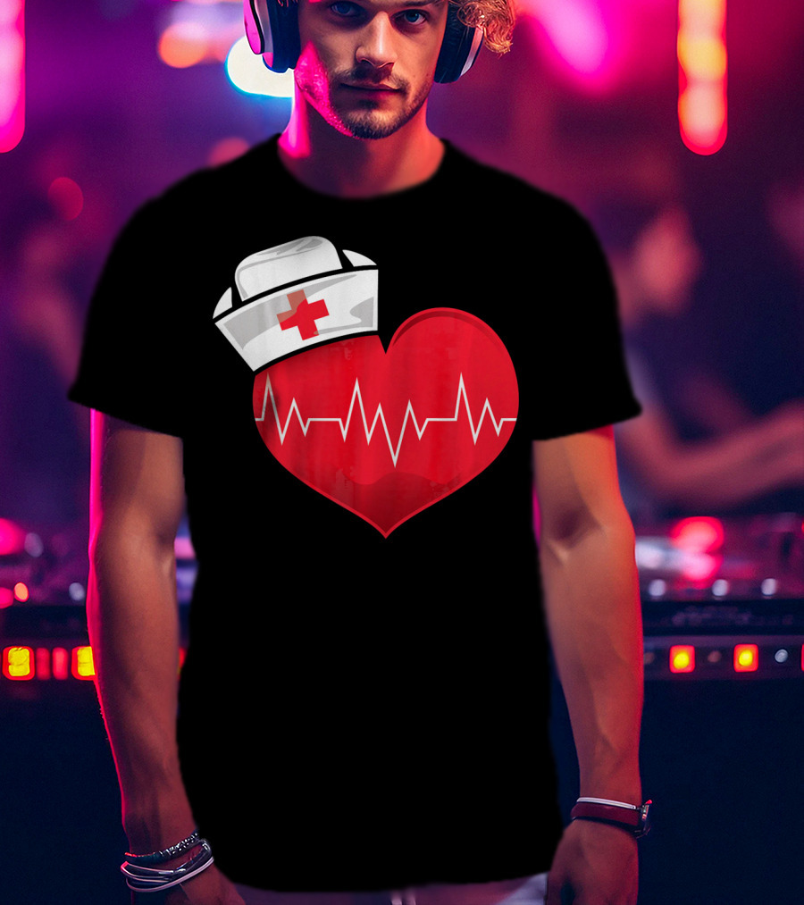 Nurse Heartbeat Valentine Costume With White Nurse Hat And Red Heartbeat Line T-Shirt