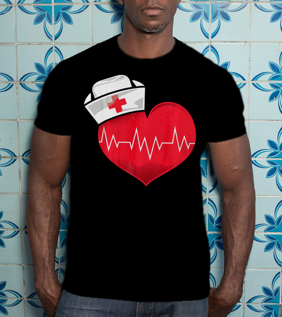 Nurse Heartbeat Valentine Costume With White Nurse Hat And Red Heartbeat Line T-Shirt
