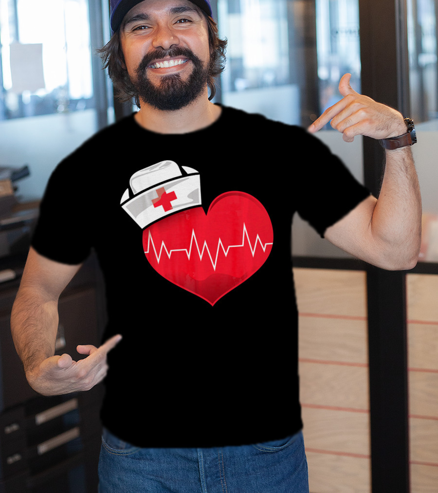 Nurse Heartbeat Valentine Costume With White Nurse Hat And Red Heartbeat Line T-Shirt