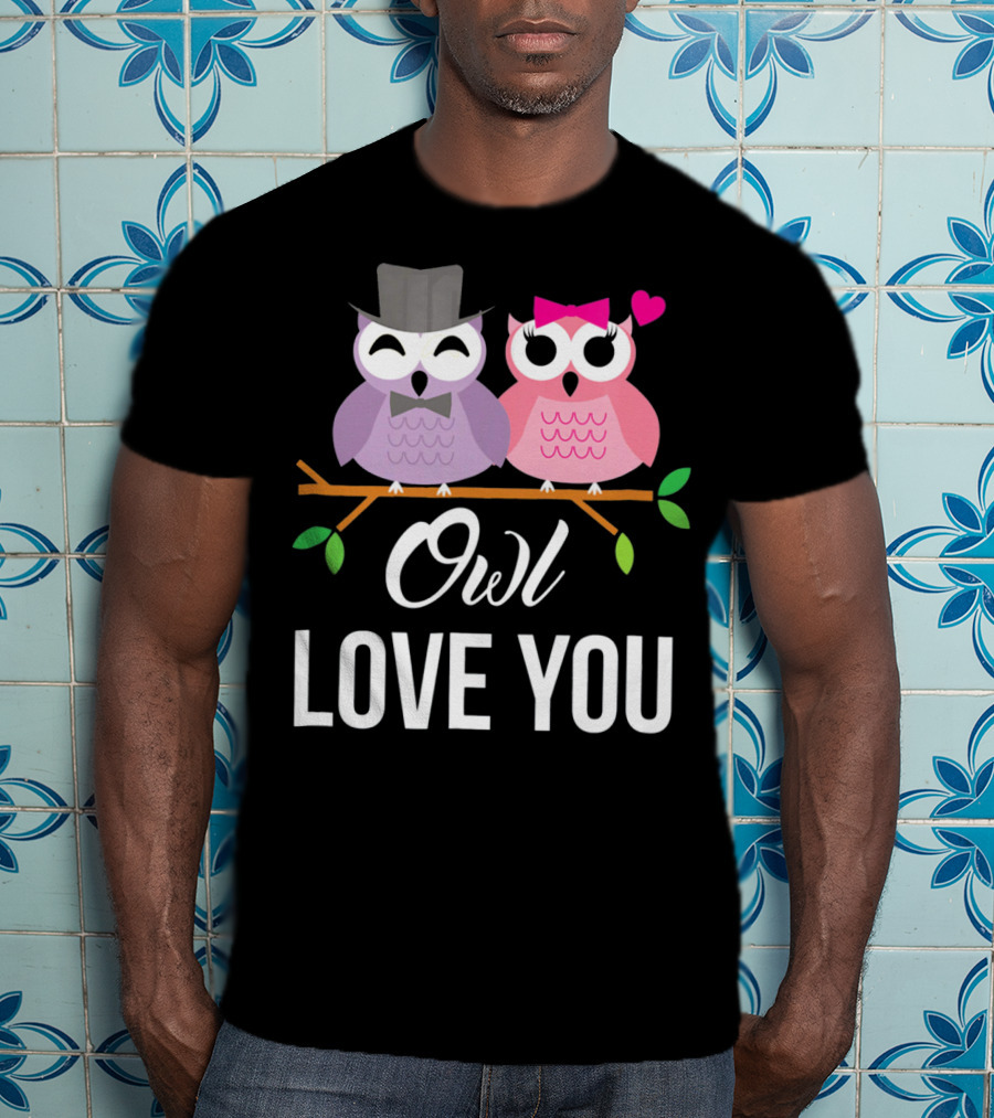 Owl Love You Valentines Pink And Purple Owls With Hats And Heart T-Shirt