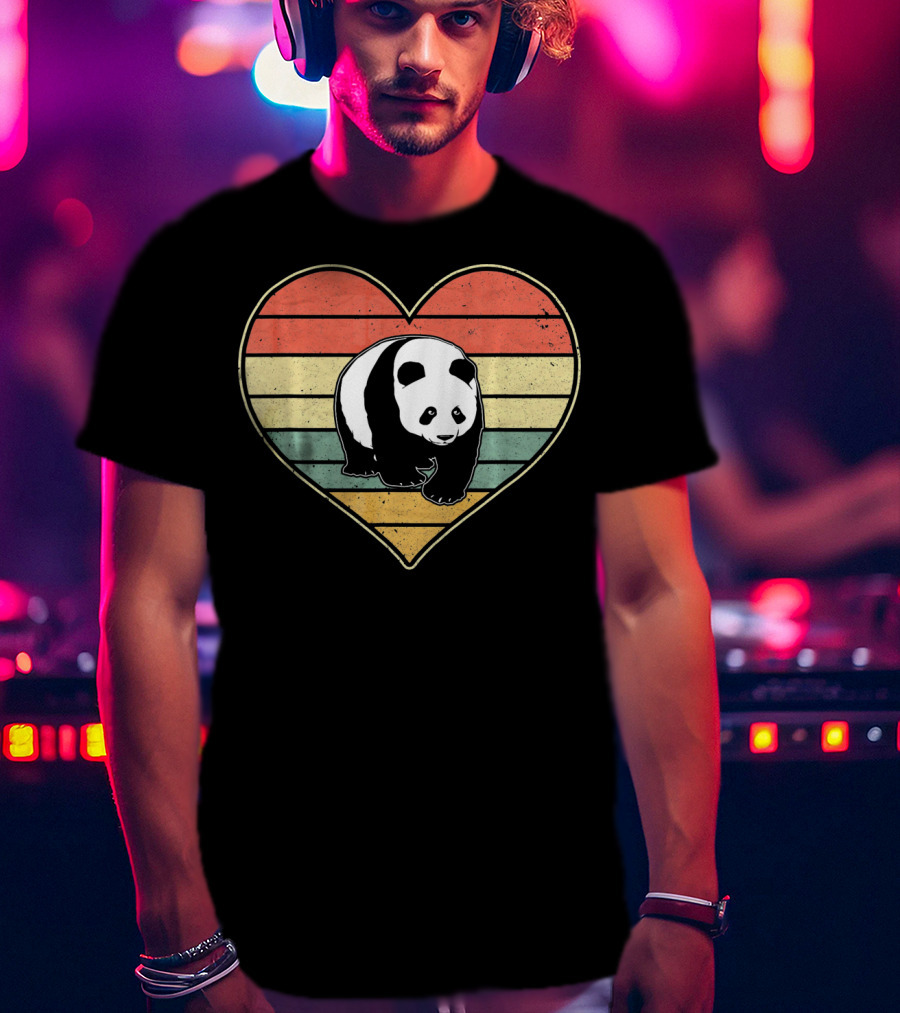 Panda Bear Vintage Heart Retro Stripes T-Shirt