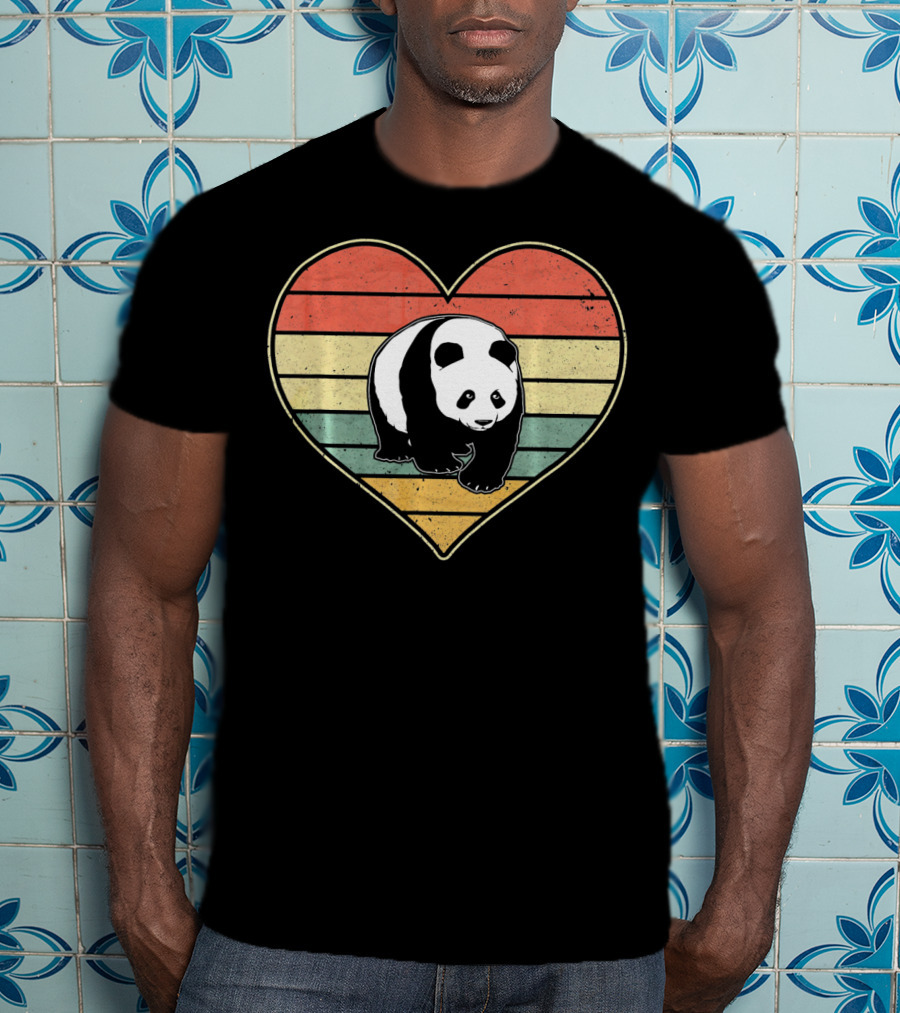Panda Bear Vintage Heart Retro Stripes T-Shirt
