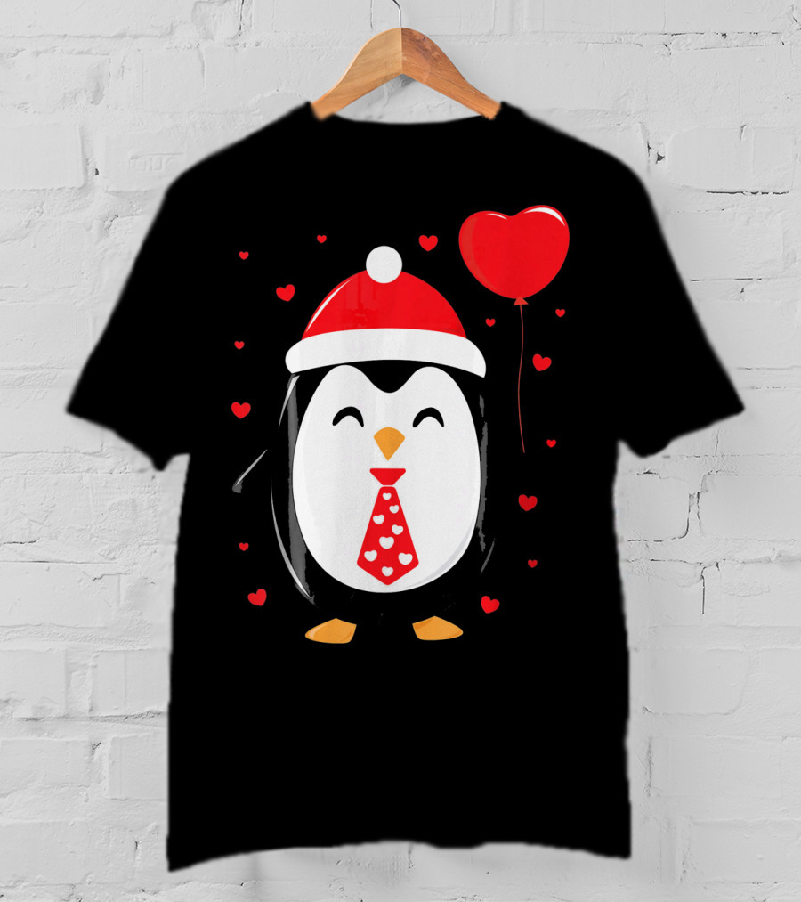 Penguin Valentines Day Heart Balloon Santa Hat And Hearts T-Shirt