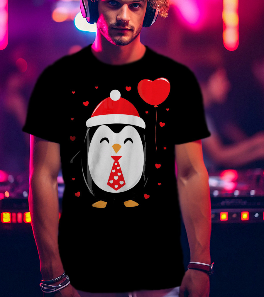 Penguin Valentines Day Heart Balloon Santa Hat And Hearts T-Shirt