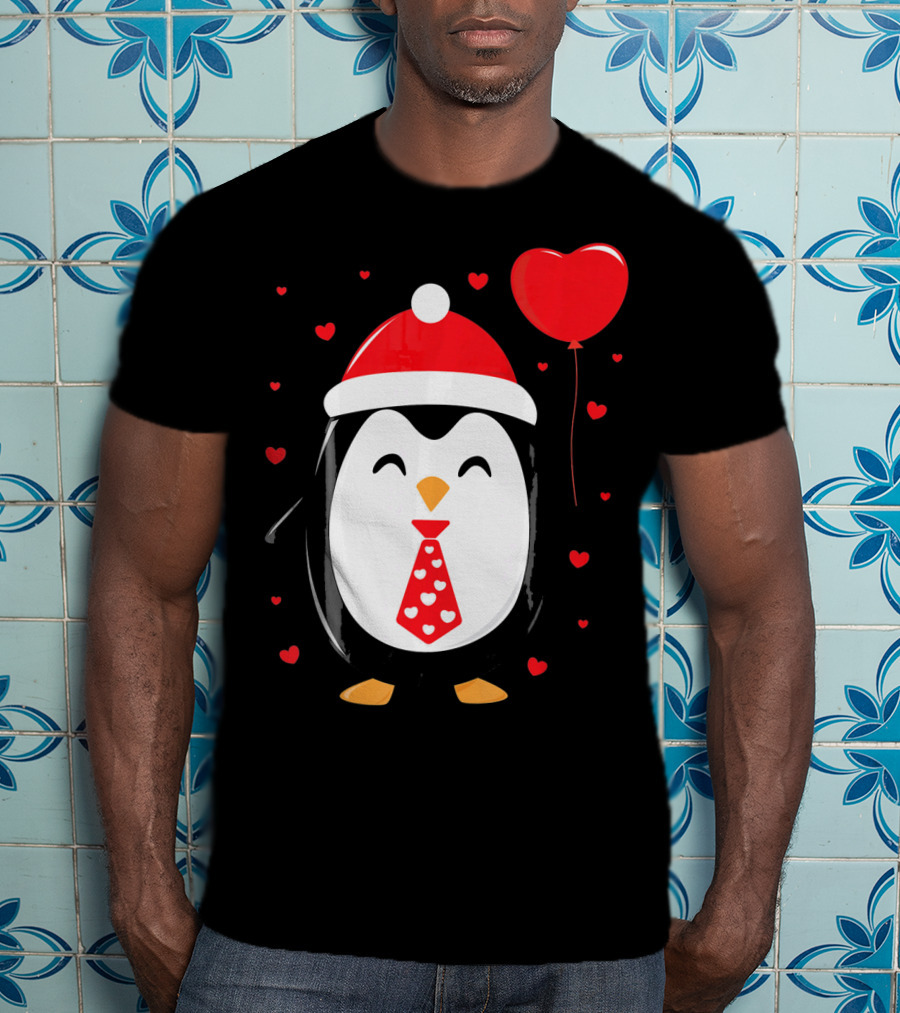 Penguin Valentines Day Heart Balloon Santa Hat And Hearts T-Shirt