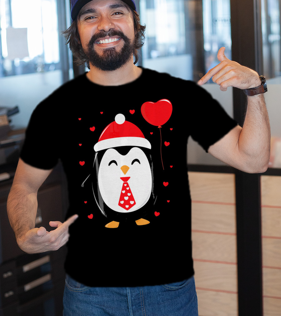 Penguin Valentines Day Heart Balloon Santa Hat And Hearts T-Shirt