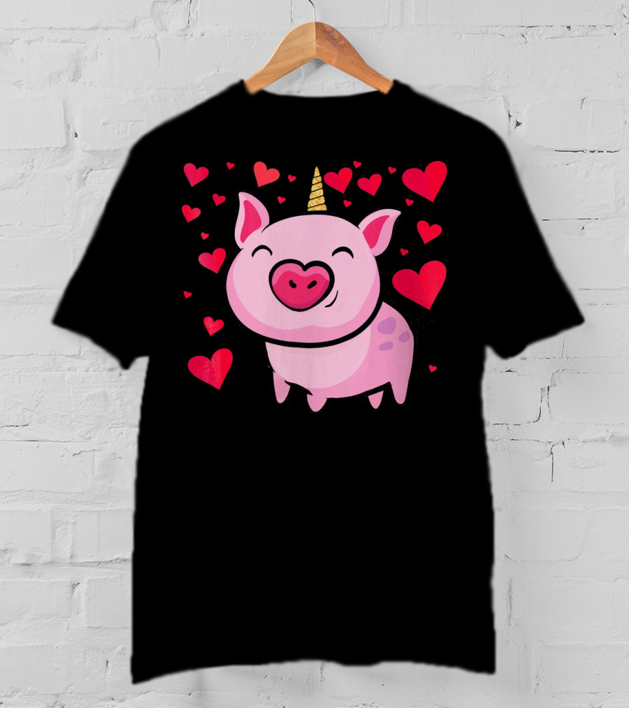 Pigacorn Valentine Unicorn Pig With Hearts For Lovers T-Shirt