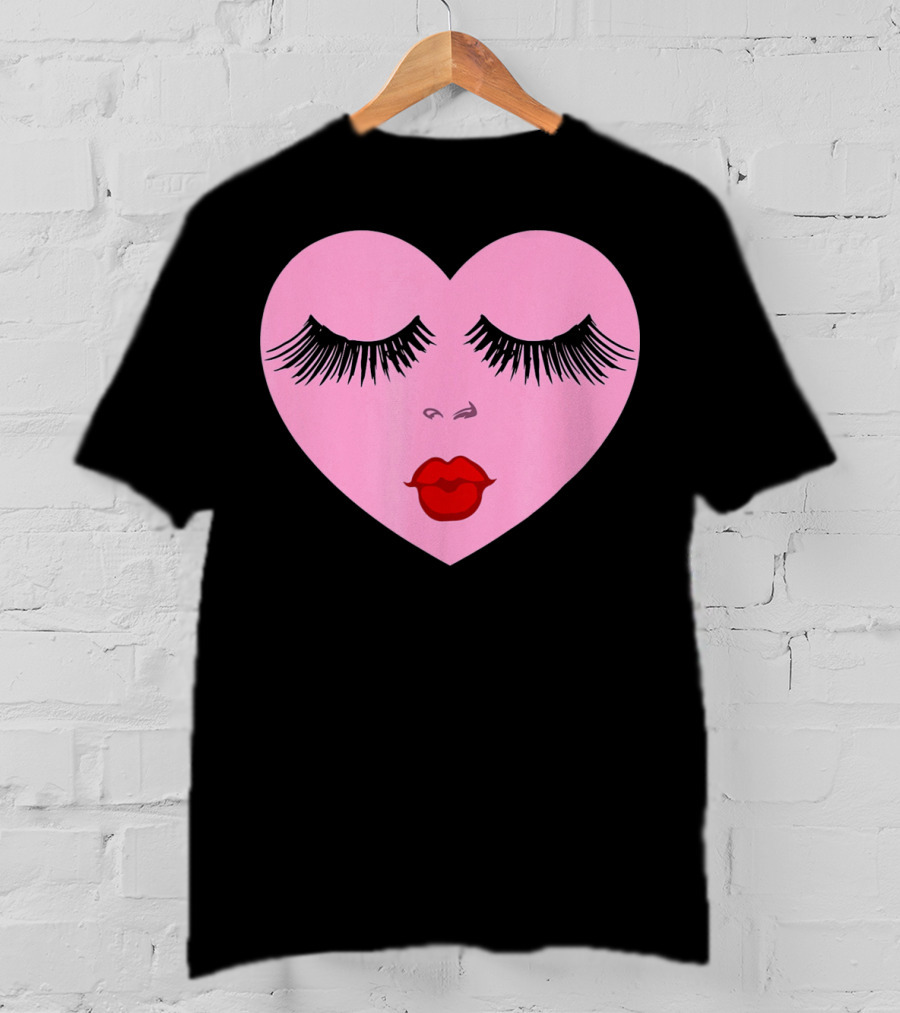 Pink Heart With Eyelashes And Red Lips Valentine T-Shirt