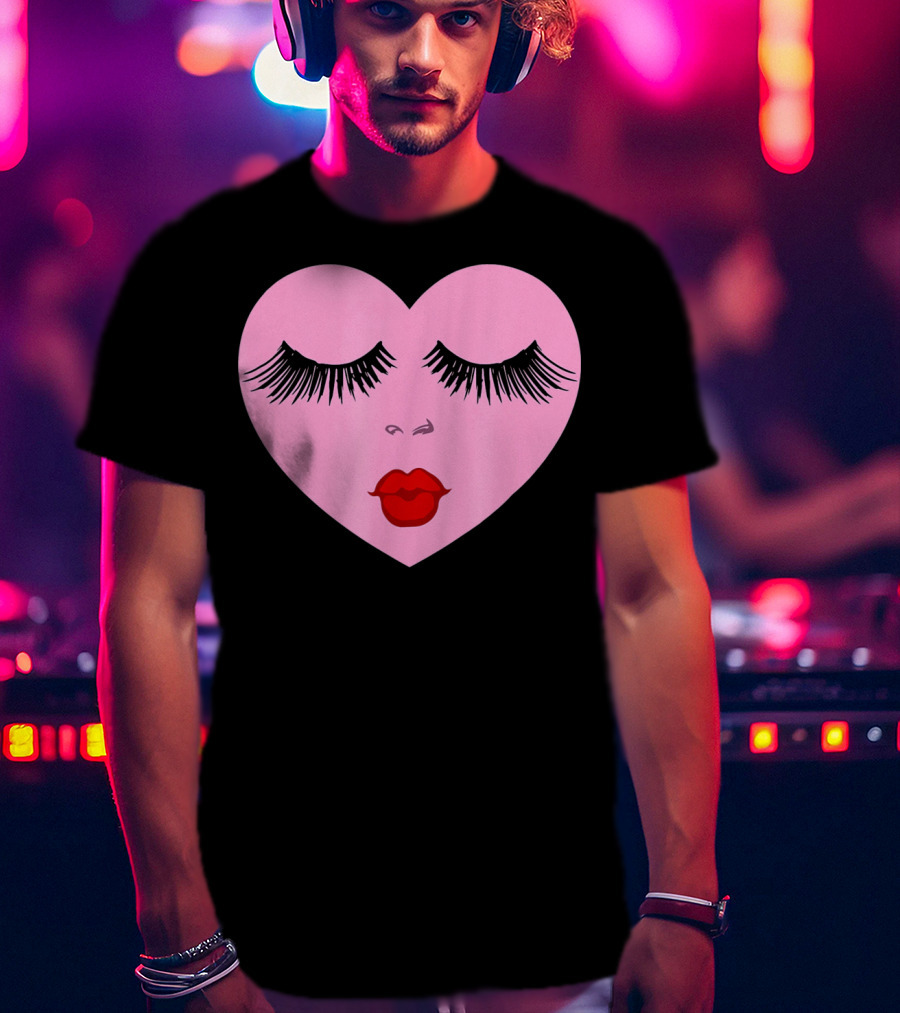 Pink Heart With Eyelashes And Red Lips Valentine T-Shirt