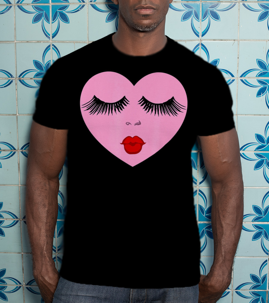 Pink Heart With Eyelashes And Red Lips Valentine T-Shirt