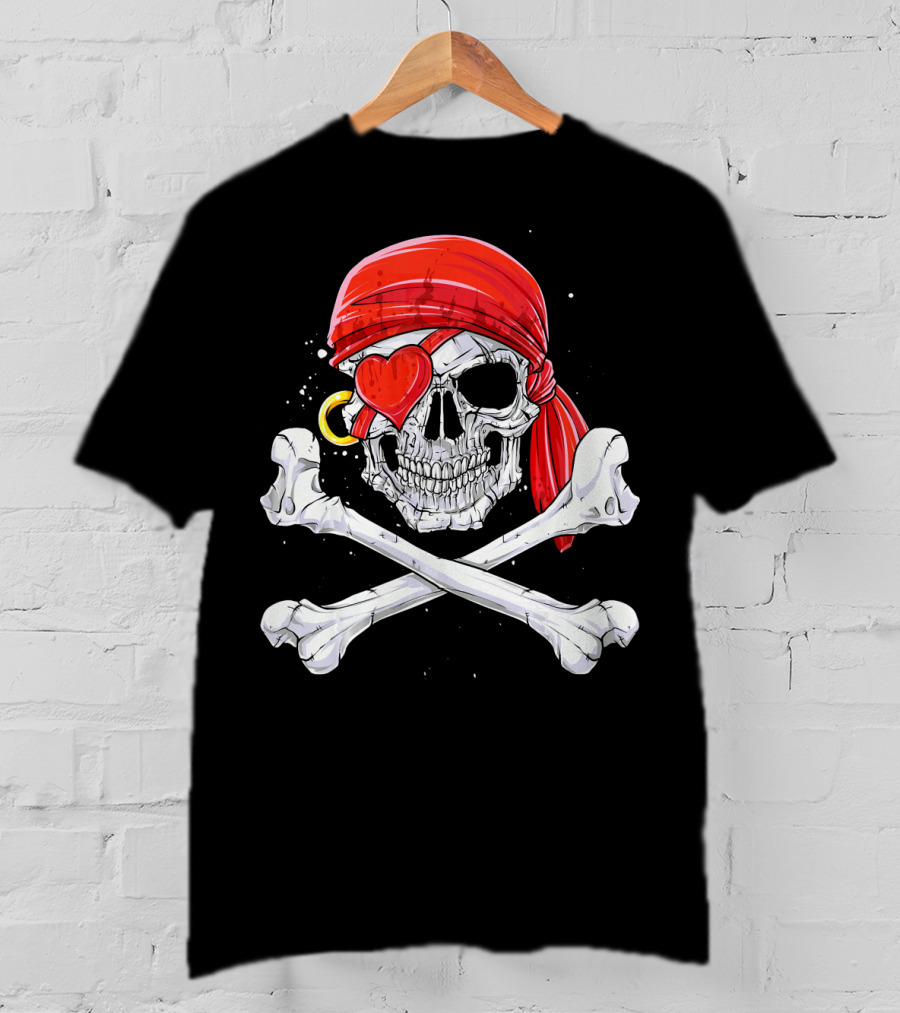 Valentine Pirate Skull With Heart Eye Patch And Crossbones T-Shirt