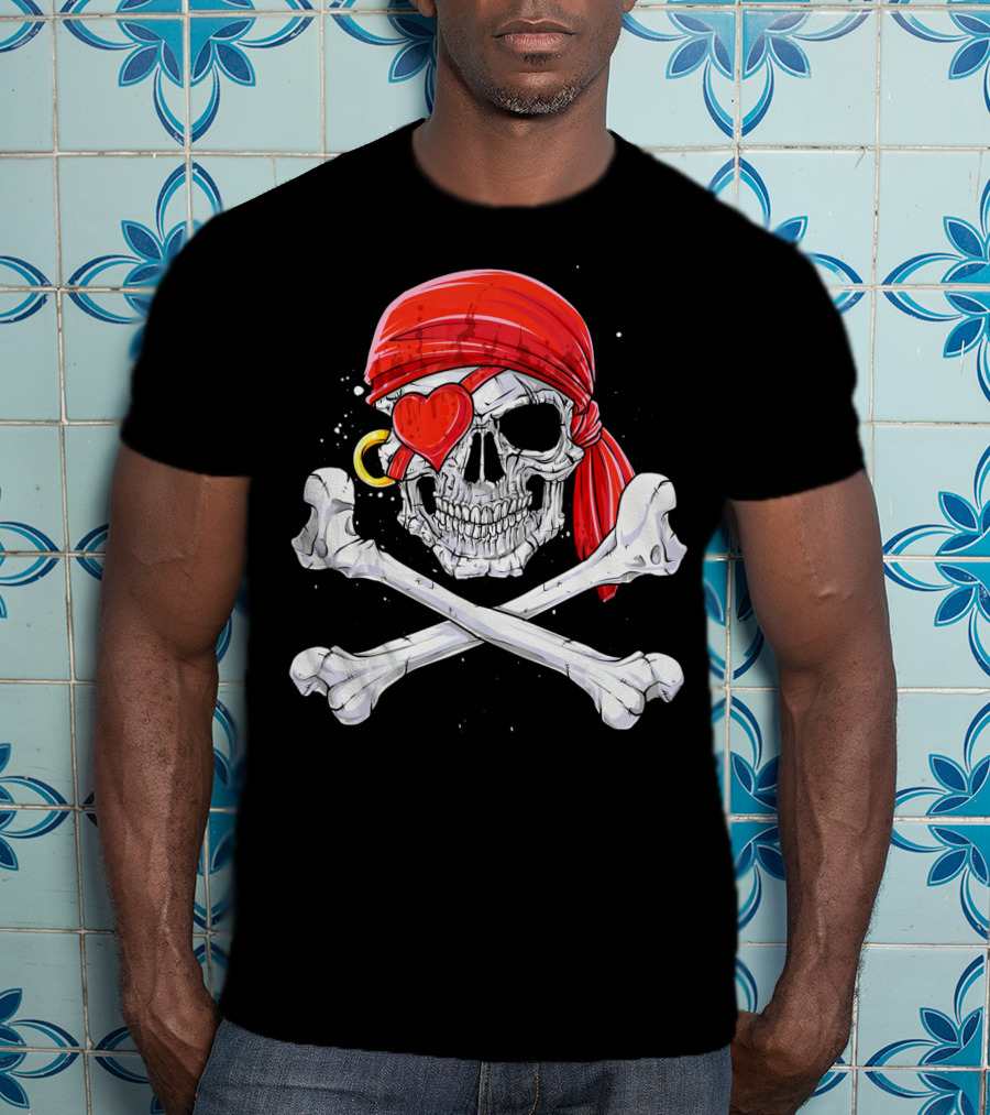 Valentine Pirate Skull With Heart Eye Patch And Crossbones T-Shirt