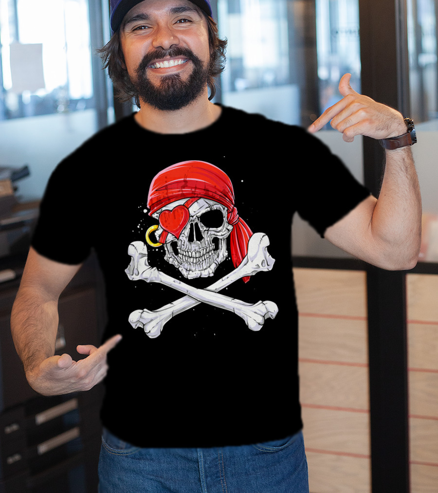 Valentine Pirate Skull With Heart Eye Patch And Crossbones T-Shirt