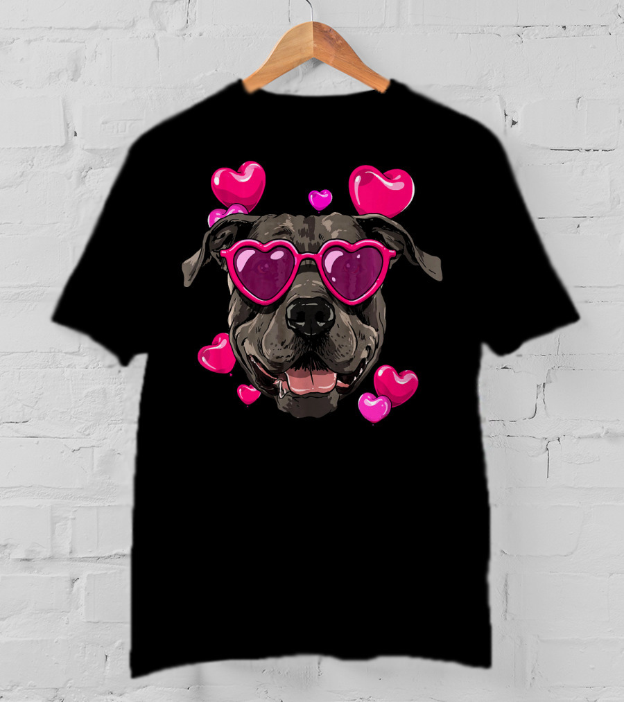 Pit Bull Heart Sunglasses Valentines Day Dog With Hearts T-Shirt