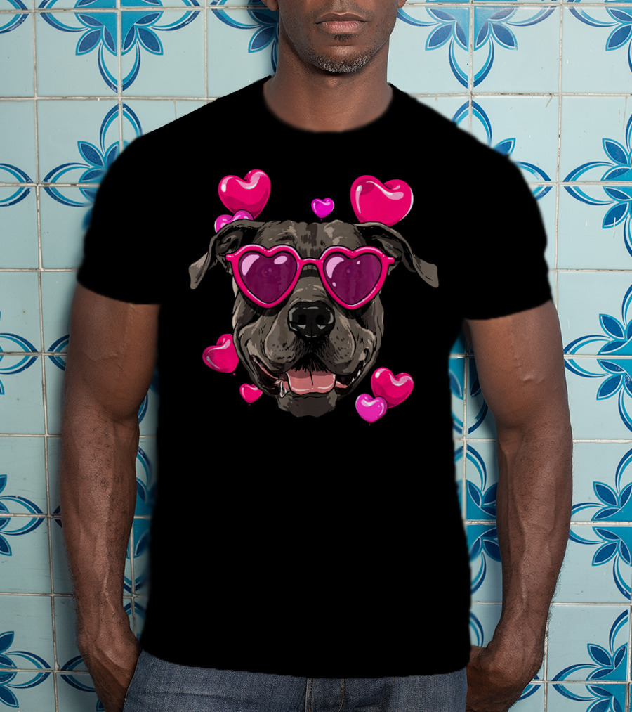 Pit Bull Heart Sunglasses Valentines Day Dog With Hearts T-Shirt