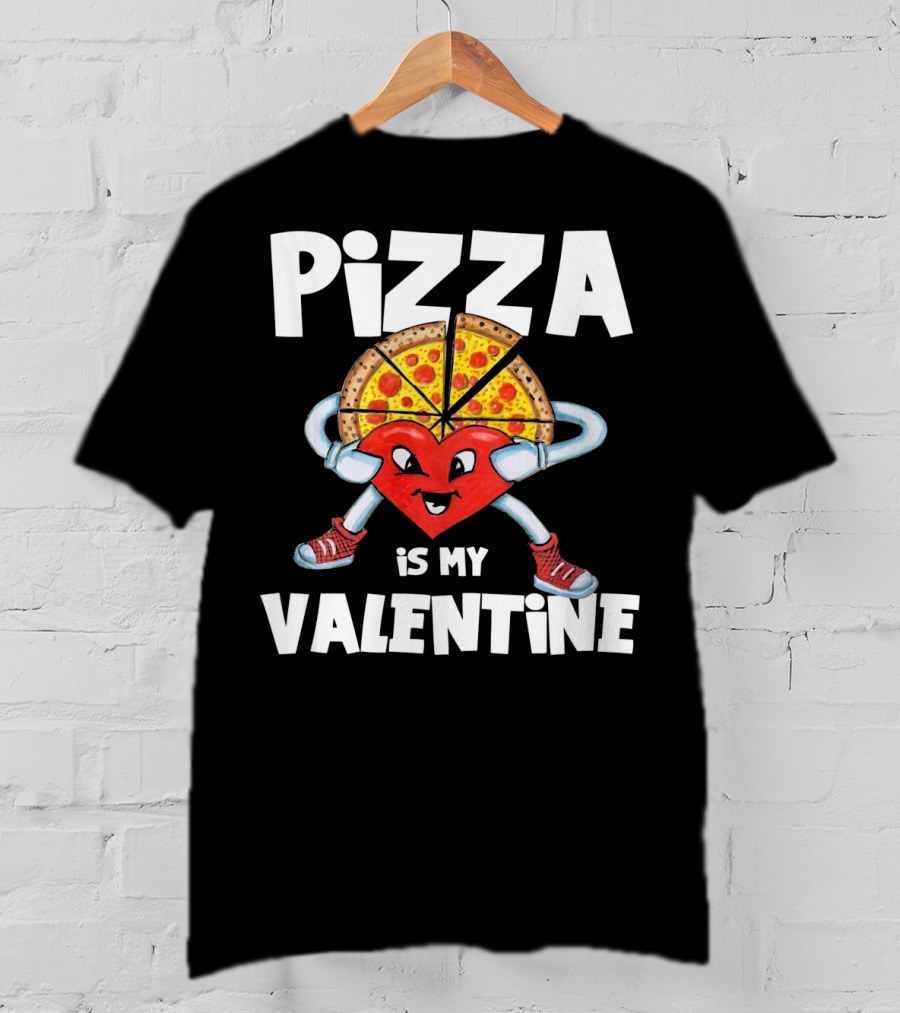 Pizza Is My Valentine Comic Heart Character With Pizza Slice Valentine’s Day T-Shirt