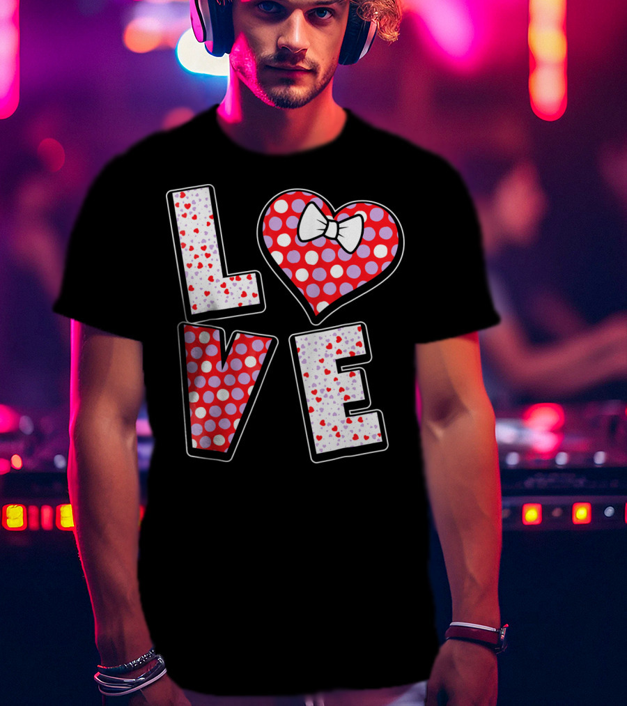LOVE Polka Dot Heart Bow Tie Valentines T-Shirt