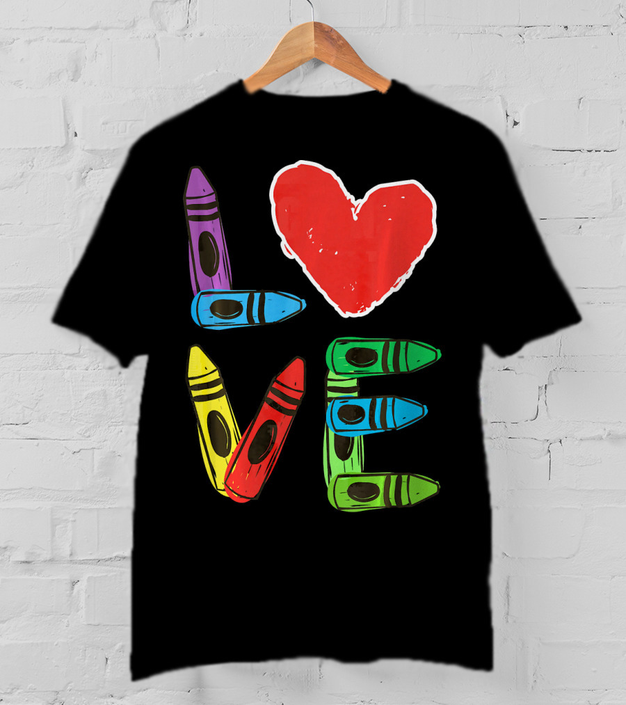Love Crayon Heart Preschool Teacher Valentines Day T-Shirt