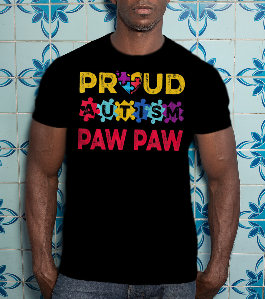 Proud Autism Paw Paw Valentine's Heart Puzzle T-Shirt